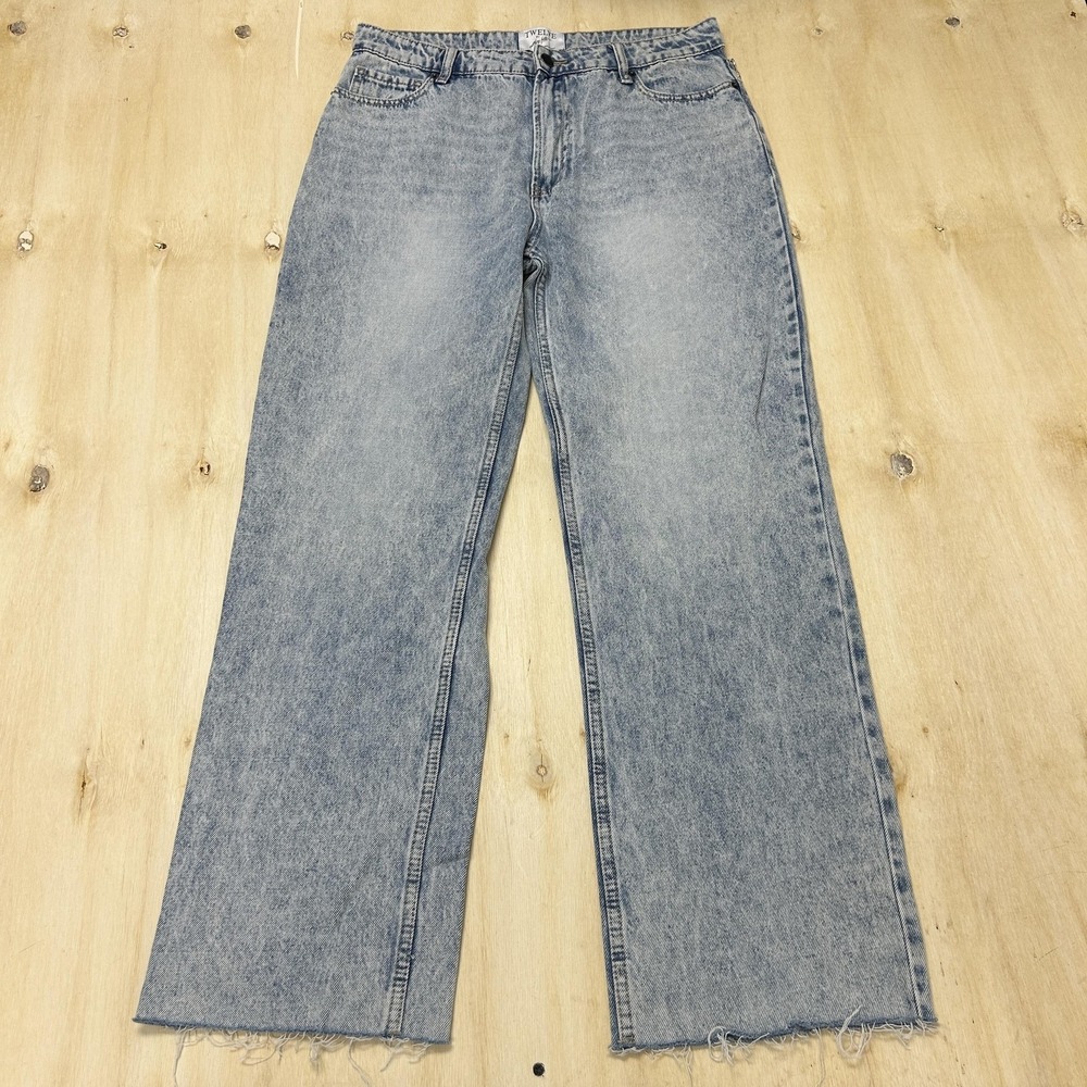 TWELVE Wide Leg Jeans Womens 28 Light Wash Blue Rhinestone Distressed Denim